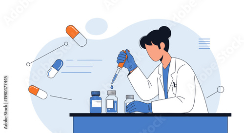 Scientist in Lab Coat Pipetting Liquid into Vials, Pills Floating - Medical Research Concept