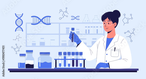 Scientist in Lab Coat Working with DNA and Test Tubes, Science Research Concept