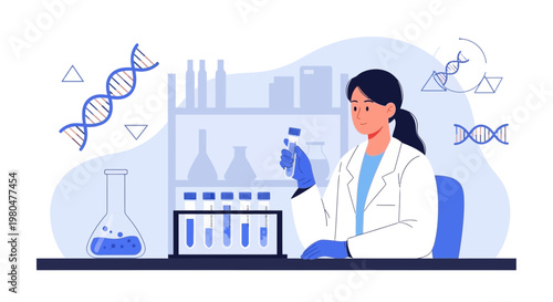 Scientist in lab coat working with DNA helix and test tubes, biotechnology research