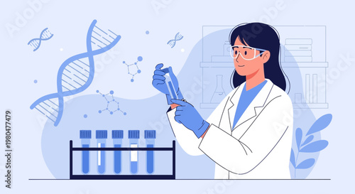 Scientist in Lab Coat Working with Test Tubes and DNA Helix, Science Research Concept