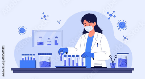 Scientist in Lab Coat Working with Test Tubes and Microbes, Researching Virus