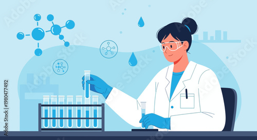 Scientist in lab coat working with test tubes and molecular model, science research concept