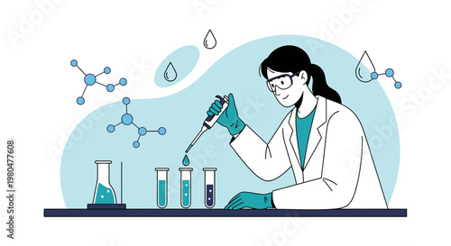 Scientist Pipetting Liquid into Test Tubes in Laboratory with Molecular Structures