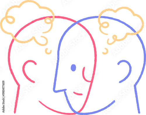 abstract human face intertwined complex mind and contemplation rough single line art
