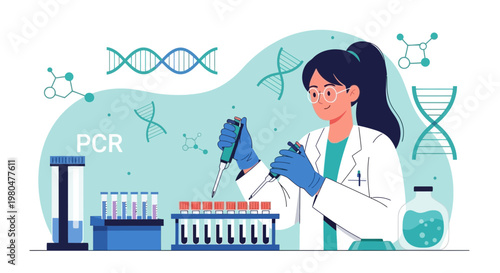 Scientist performing PCR in a laboratory with DNA and molecules
