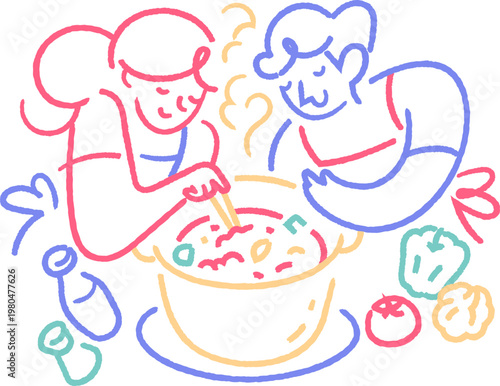 couple cooking together human connection concept rough line hand drawn illustration
