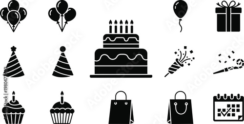 Set of party and birthday celebration icons with cake balloons gifts hats shopping bag party popper black and white