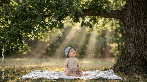 A child sits on a blanket under a tree, enjoying the sunny day outdoors