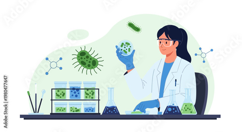 Scientist studying microorganisms in laboratory, research and development, science concept