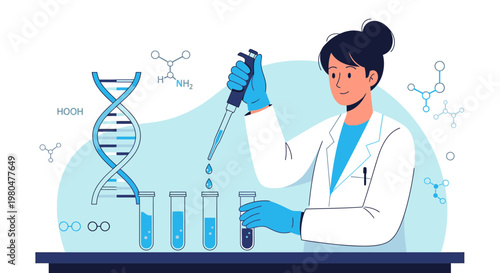 Scientist working in a lab with DNA, test tubes, and molecules