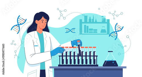 Scientist working in lab with DNA, test tubes, and flasks, science research concept