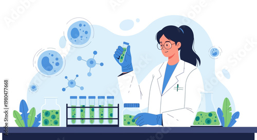 Scientist working in a modern laboratory with test tubes and microscopic view of cells