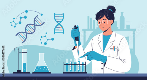 Scientist working in a laboratory with DNA, molecules, and test tubes