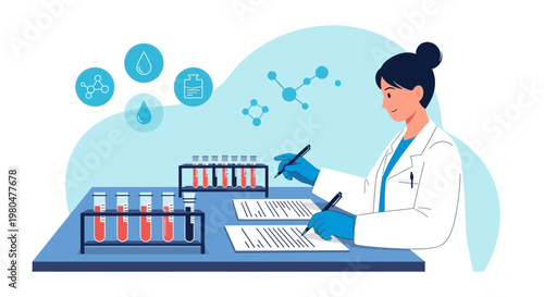 Scientist working in laboratory with blood samples and molecular structures