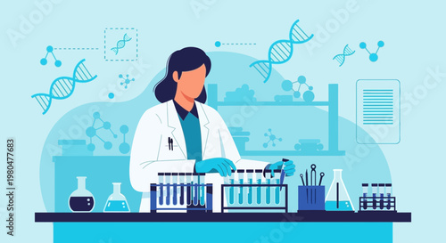 Scientist Working in Laboratory with DNA and Molecules, Research and Development