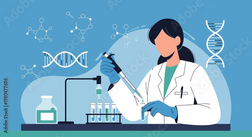Scientist working in laboratory with DNA and molecules, research and development concept