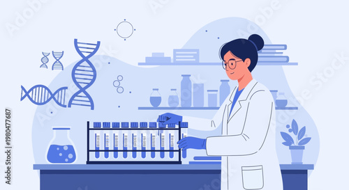 Scientist working in laboratory with DNA and test tubes, science research concept