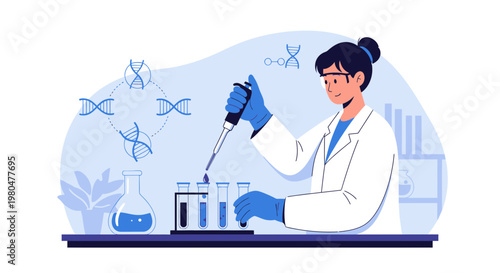 Scientist working in laboratory with DNA and test tubes, biotechnology research