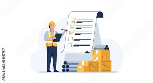 Warehouse Manager Checking Inventory with Large Checklist and Cargo Illustration