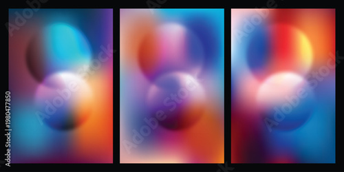 Abstract pixel art triptych with vibrant gradient transitions and central dark spots