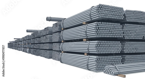 Industrial Metal Bars and Steel Reinforcement Rods Stacked in Bundles for Construction Industry, Isolated on White Background