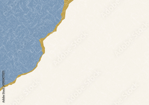 Japanese Washi Paper Background with Torn Edge and Gold Accent in Blue and Ivory