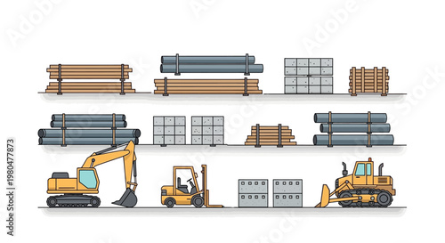 Construction Equipment and Building Materials Vector Illustration Set with Excavator, Bulldozer, Forklift, Lumber, Steel Pipes, and Concrete Blocks