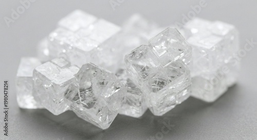 Salt crystals white transparent mineral cubes macro top view