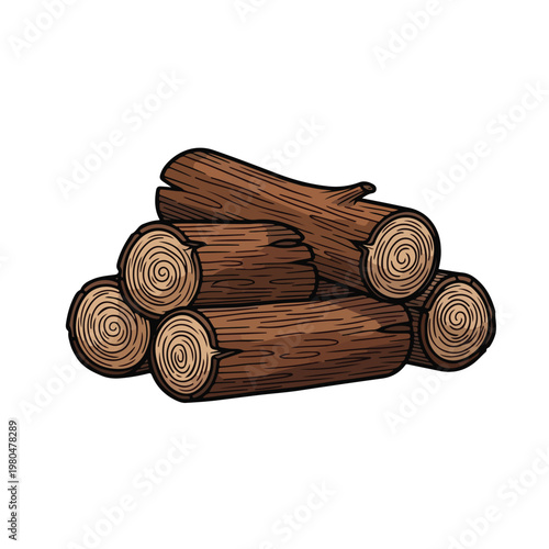 A pile of five brown wooden logs with detailed bark and grain, stacked neatly in a vector illustration on a white background.