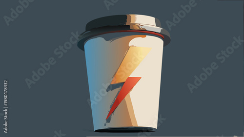 Flat illustration of a white coffee cup with a black lid and a red and yellow lightning bolt on a dark gray background