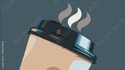 Flat illustration of steaming hot coffee cup with black lid on dark background modern design