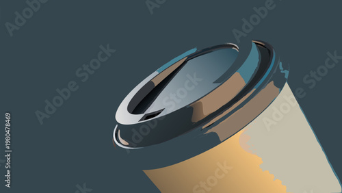 Reusable coffee tumbler with lid eco friendly travel mug sustainable beige cup with shiny metal top on dark background