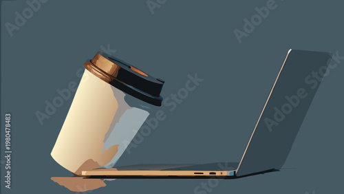 Flat vector illustration of coffee cup next to laptop on dark background for remote work and productivity concepts