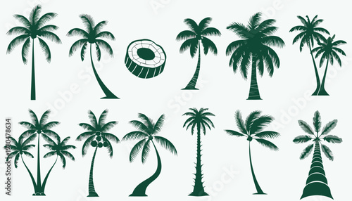 A collection of green palm tree silhouettes and a life preserver on a white background