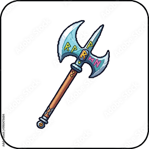 This vibrant illustration showcases a double-bladed fantasy axe with colorful runes and a wooden handle, presented in a clean, hand-drawn style.