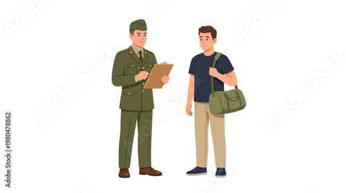 Military draft check Soldier with clipboard reviews civilian, military icon concept