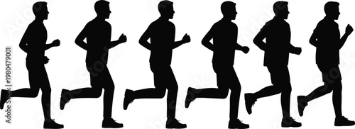 Running man silhouettes sequence, jogging motion phases vector illustration for fitness, sport training, animation reference design