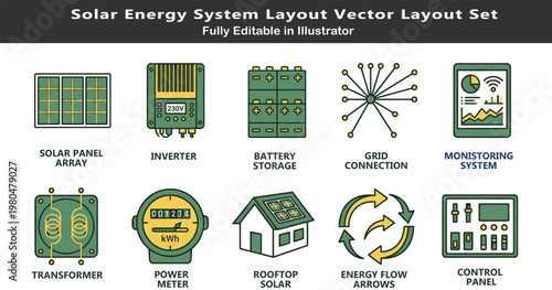 Solar energy system vector icons, top view layout symbols, panel array, inverter, battery storage, grid connection, monitoring, renewable power CAD