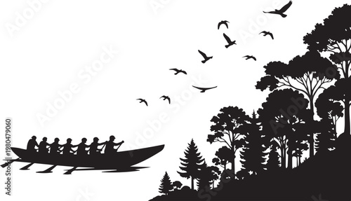 Black silhouette, rowing boat, trees, and birds, vector illustration, landscape design element