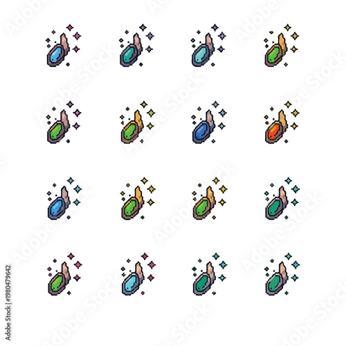 A collection of sixteen pixel art icons featuring glowing gemstones of various colors set in stone, surrounded by sparkling effects.