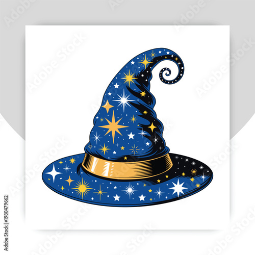 Enchanted sorcerer hat with mystical magic text and sparkling star wand on white background vector,