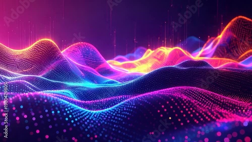 Abstract digital landscape of neon, vibrant, dotted waves with sparkling light