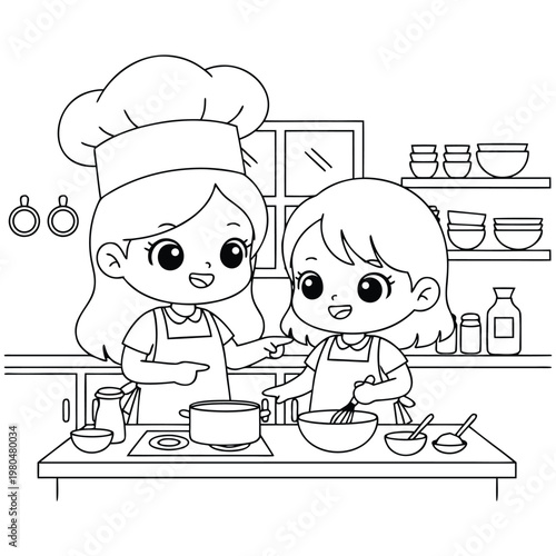 Mother and Daughter Cooking in Kitchen Coloring Page for Kids

