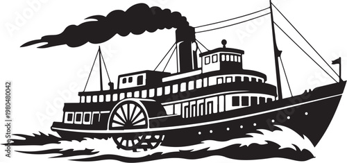 Vintage steamboat, paddle steamer, black and white vector, nautical icon, transportation symbol