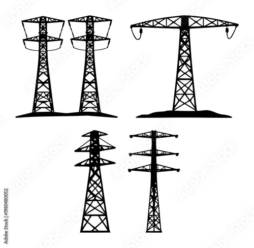 Smart energy grid tower set with solid black icon design featuring power, renewable, infrastructure with smart, batteries