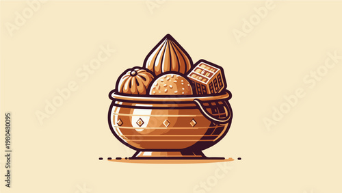 Traditional Indian Sweet Mithai Assortment in Decorative Clay Bowl for Diwali and Festival Celebration Vector Illustration