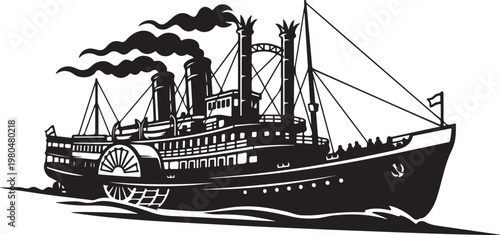 Vintage steamship, black and white vector, ship illustration, nautical icon