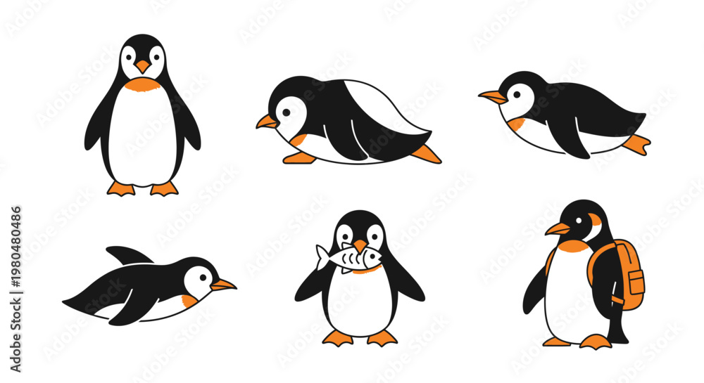 Fototapeta premium Cartoon penguins in various poses.