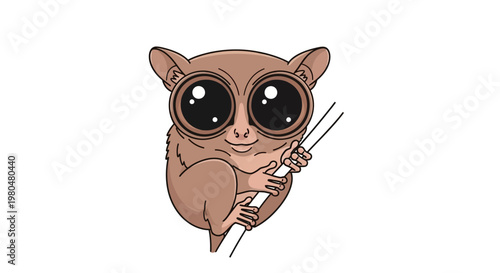 Cute Cartoon Tarsier Holding Branch.