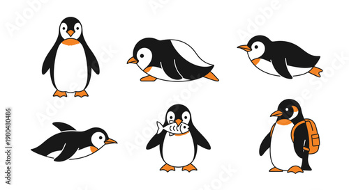 Cartoon penguins in various poses.